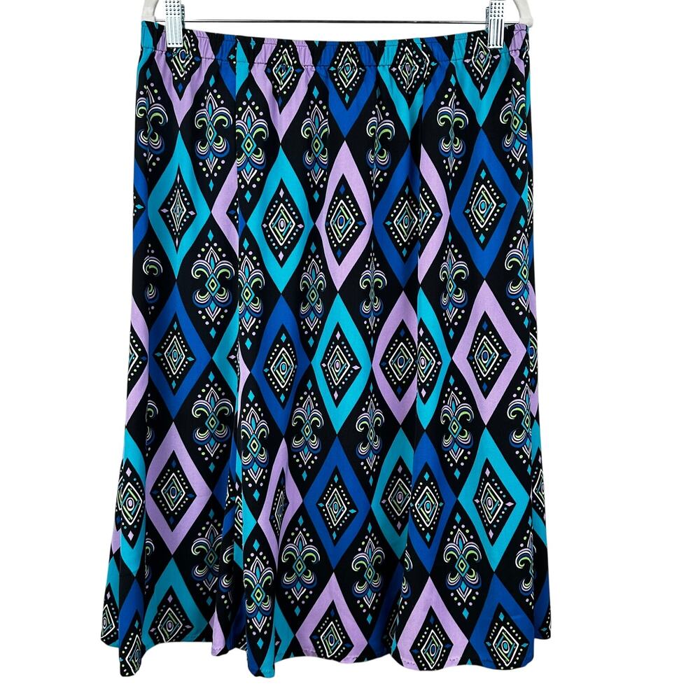 Bob Mackie Skirt Artsy Diamond Pattern Elastic Waist Black Teal Lg Art to Wear